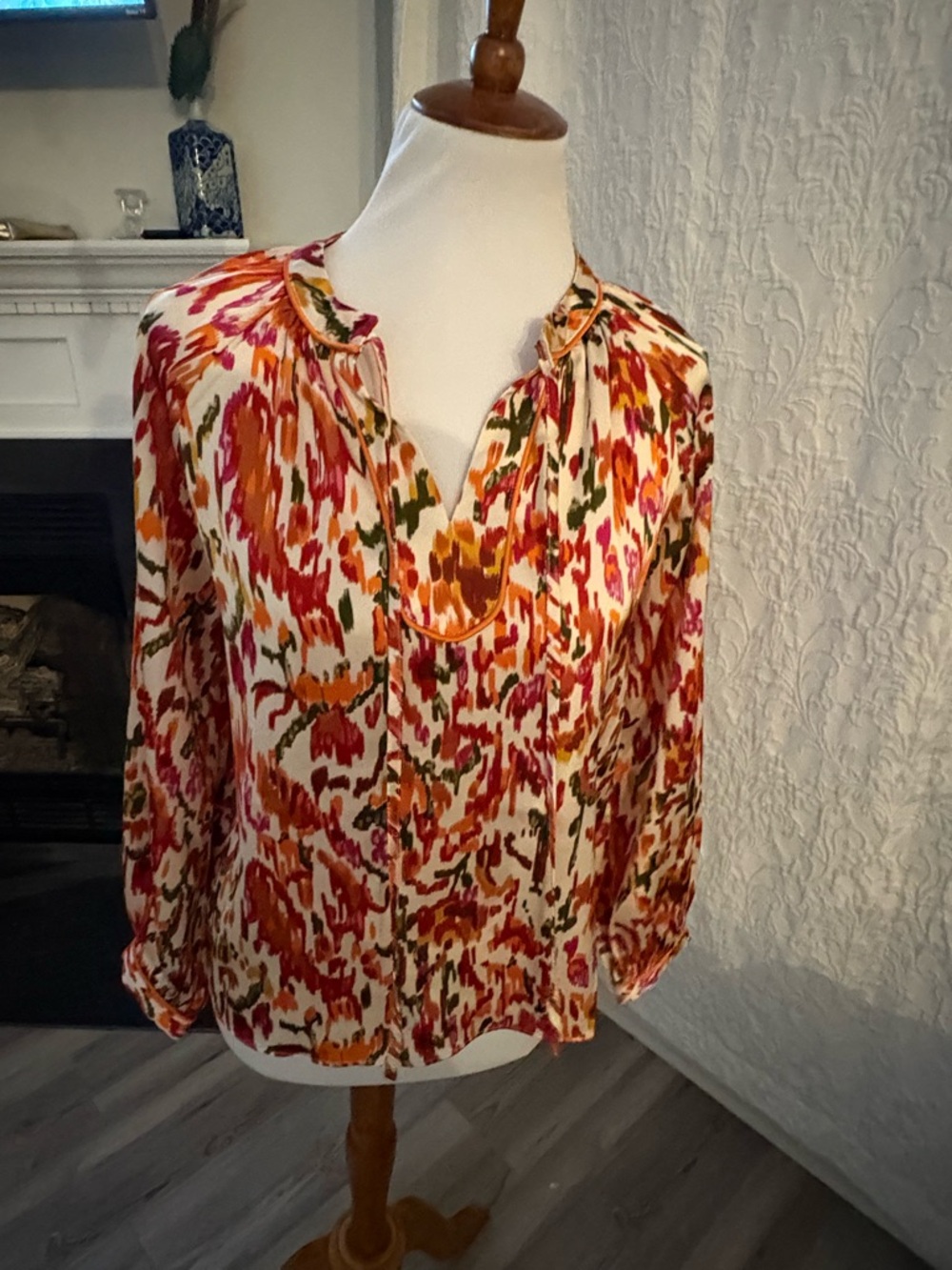 Printed Split-Neck Blouse in Red, Pink, Orange & Green